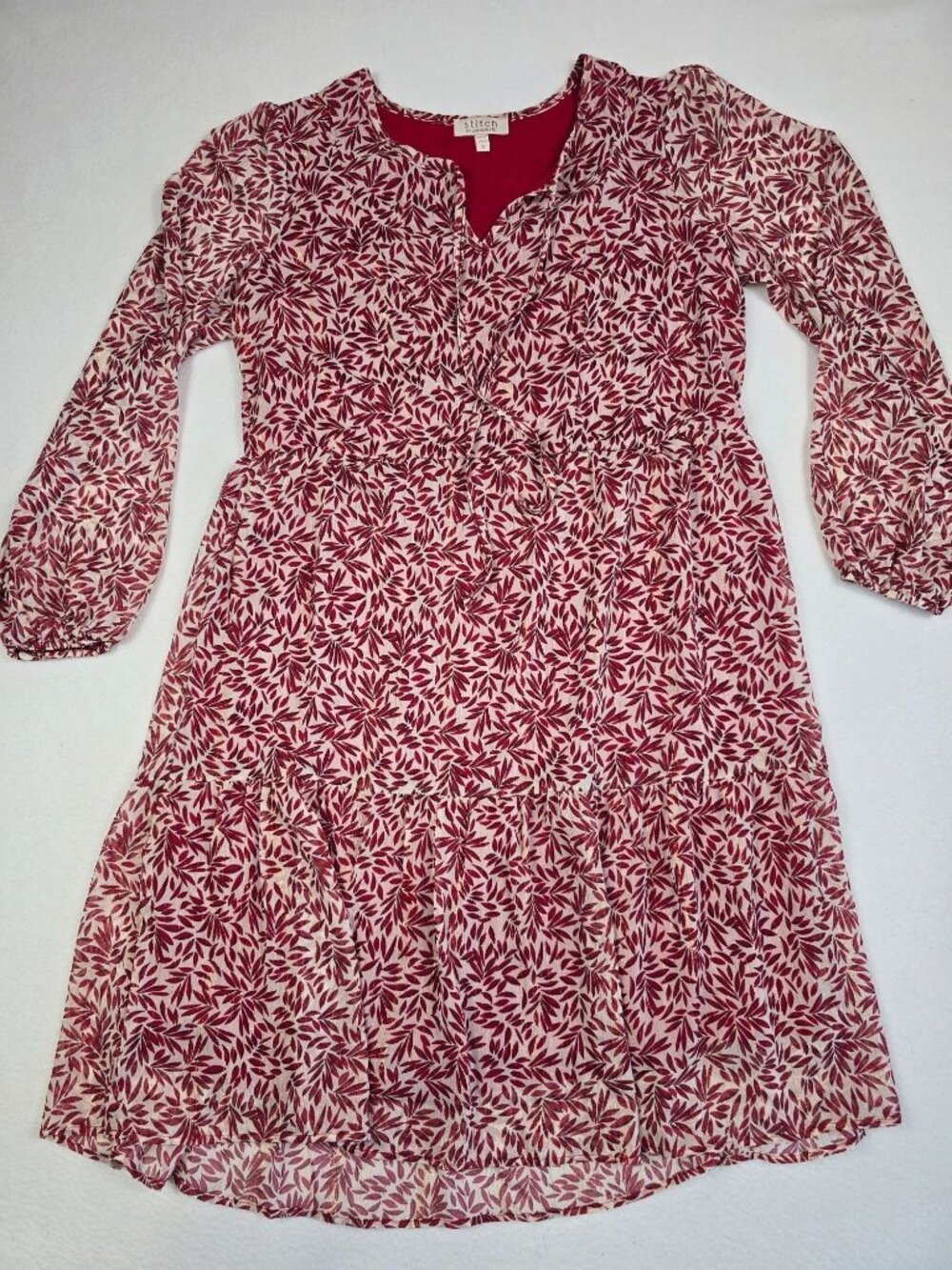 Stitch By Chenault Small Red White Gold Floral Long-Sleeve Dress